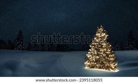 Beautiful festive Christmas tree with lights garlands in a snowy field with forest and stars at Christmas night. New Year and Christmas cards, creative idea.