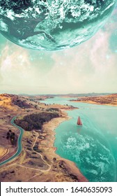 Beautiful Fiction Book Cover Design. Unreal Fantasy Landscape Of Sailboat Sailing Across A River On Alien Planet. Elements Of This Image Furnished By NASA