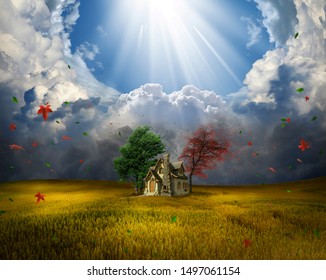 Beautiful field with a small cottage. Photomanipulation.