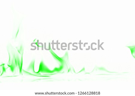 Beautiful fire flames, green smoke on white background. - Image
