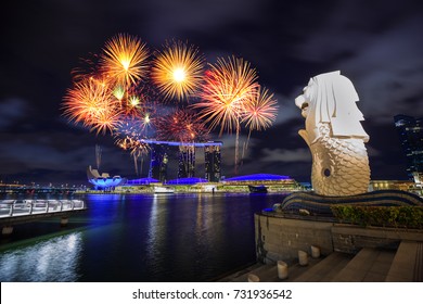 Beautiful Firework Over Merlion Park In Singapore City At Night