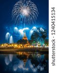 Beautiful Firework Reflection Over Old Pagoda Loy Krathong Festival Sukhothai Thailand Amazing Historic Town
