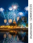 Beautiful Firework Reflection Over Old Pagoda Loy Krathong Festival Sukhothai Thailand Amazing Historic Town