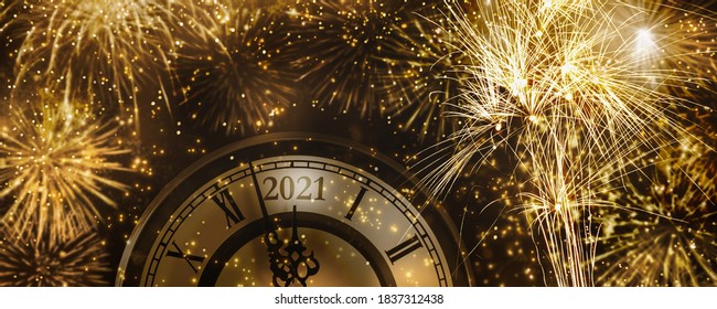 Beautiful Fireworks Explosion For New Years Eve 2021 Celebration, Golden Rockets At Countdown Clock At Midnight With Light Effects