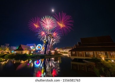 Beautiful Fireworks At Legend Siam At Night , Pattaya Thailand. The Celebration Of Fireworks Of Loy Krathong Festival At Legend Siam Pattaya.