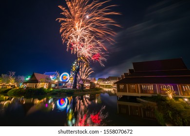 Beautiful Fireworks At Legend Siam At Night , Pattaya Thailand. The Celebration Of Fireworks Of Loy Krathong Festival At Legend Siam Pattaya.