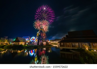 Beautiful Fireworks At Legend Siam At Night , Pattaya Thailand. The Celebration Of Fireworks Of Loy Krathong Festival At Legend Siam Pattaya.