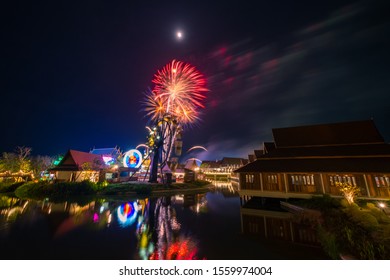 Beautiful Fireworks At Legend Siam At Night , Pattaya Thailand. The Celebration Of Fireworks Of Loy Krathong Festival At Legend Siam Pattaya.