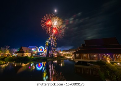 Beautiful Fireworks At Legend Siam At Night , Pattaya Thailand. The Celebration Of Fireworks Of Loy Krathong Festival At Legend Siam Pattaya.