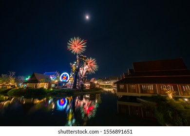 Beautiful Fireworks Over Cityscape Night , Pattaya Thailand. The Celebration Of Fireworks Of Loy Krathong Festival At Legend Siam Pattaya.