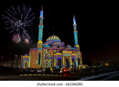 Beautiful Fireworks In The Sky Behind Mosque On The Occasion Of Eid.