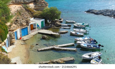 Beautiful fishermen seaside village of Mandrakia with colourful boat houses called "Syrmata", Milos island, Cyclades, Greece