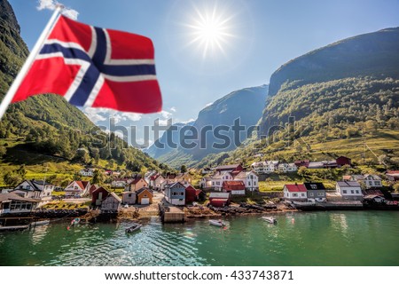 Beautiful Fishing village Undredal against mountain near the Flam in Norway