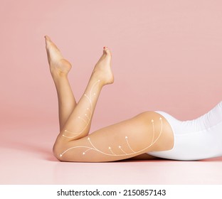 Beautiful and fit female body with the drawing arrows. Plastic surgery, healthy nutrition, liposuction, sport and cellulite removal. - Shutterstock ID 2150857143