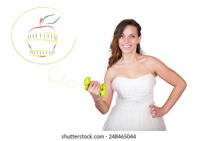 Beautiful Fitness Model Bride Wearing Wedding Dress (grown) And Training With Dumbbell (weight) - Weight Loss Workout Before The Day - Isolated On White Background