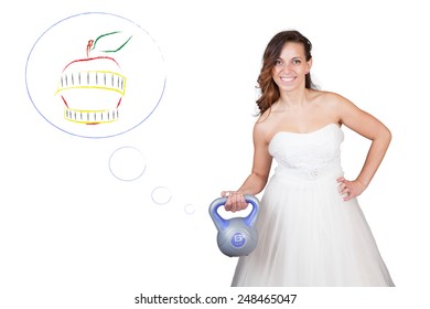 Beautiful Fitness Model Bride Wearing Wedding Dress (grown) And Training With Dumbbell (weight) - Weight Loss Workout Before The Day - Isolated On White Background