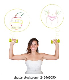 Beautiful Fitness Model Bride Wearing Wedding Dress (grown) And Training With Dumbbell (weight) - Weight Loss Workout Before The Day - Isolated On White Background