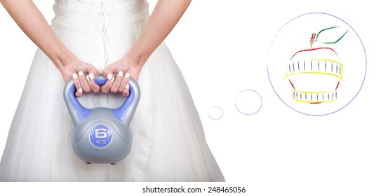 Beautiful Fitness Model Bride Wearing Wedding Dress (grown) And Training With Dumbbell (weight) - Weight Loss Workout Before The Day - Isolated On White Background