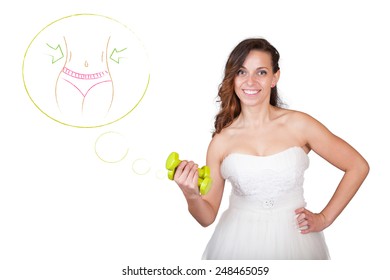 Beautiful Fitness Model Bride Wearing Wedding Dress (grown) And Training With Dumbbell (weight) - Weight Loss Workout Before The Day - Isolated On White Background