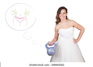 Beautiful Fitness Model Bride Wearing Wedding Dress (grown) And Training With Dumbbell (weight) - Weight Loss Workout Before The Day - Isolated On White Background