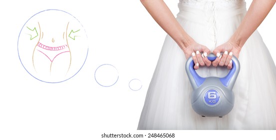 Beautiful Fitness Model Bride Wearing Wedding Dress (grown) And Training With Dumbbell (weight) - Weight Loss Workout Before The Day - Isolated On White Background