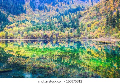 beautiful five flower lake at jiuzhaigou valley scenic and historic interest area, Sichuan, China.