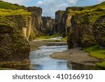 Beautiful Fjadrargljufur canyon with river and big rocks. Southern Iceland