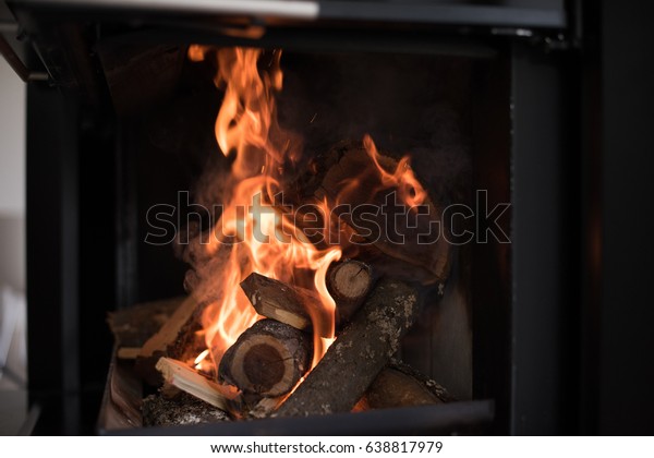 Beautiful Flame Fireplace Wood Burning Bright Stock Photo Edit