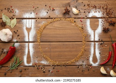 Beautiful flat lay composition with different spices, silhouettes of cutlery and plate on wooden background. Space for text