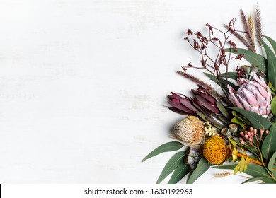 Beautiful flat lay floral arrangement of mostly Australian native flowers, including protea, banksia, kangaroo paw, eucalyptus leaves and gum nuts on a rustic white background. - Shutterstock ID 1630192963