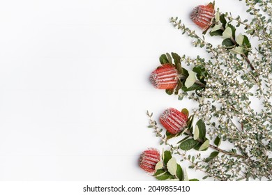 Beautiful Flat-lay Floral Arrangement Of Australian Native Coastal Tea Tree Flowers And Red Banksia Coccinea, On A Rustic White Background. Space For Copy.