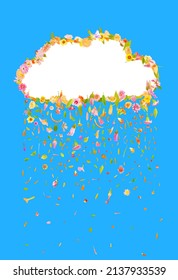 Beautiful floral art cloud with lot of colorful flowers falling down like rain. Spring season concept photo. Wellness spa scent air idea made by petals, blossoms, blooms and buds