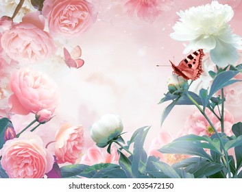 Beautiful floral design of gentle pink roses, white flower peony and with fluttering butterflies in delicate light pastel colors. Floral frame for congratulations.