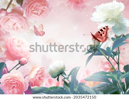Beautiful floral design of gentle pink roses, white flower peony and with fluttering butterflies in delicate light pastel colors. Floral frame for congratulations.