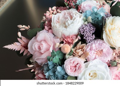 Beautiful Flower Arrangement In A White Box. Flower Shop Concept. Floristics Preserved Flowers. White Rose, Mixed Roses Flowers, Peony, Blue Hydrangea And Eucalyptus.