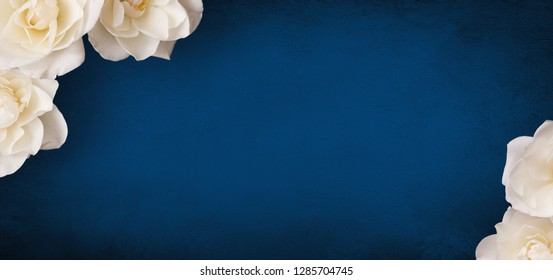 Beautiful Flower background with copy space for text. Decor of white roses flowers on grunge blue background. Wide Angle Template for design for mother's day, birthday, wedding