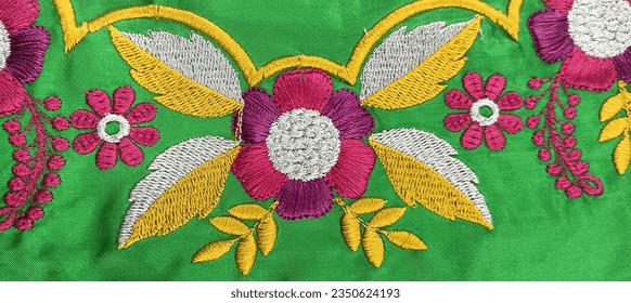 Beautiful Flower design  on parrot green fabric  with attractive color treads.