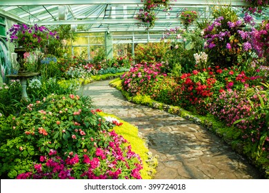 Beautiful Flower Garden With Way Curves.