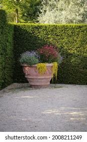 Beautiful Flowerpot In The Park At The End Of A Path In Summer