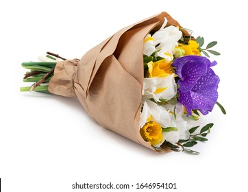 Beautiful flowers bouquets wrapped in a craft paper as a gift. Isolated on white background with shadow