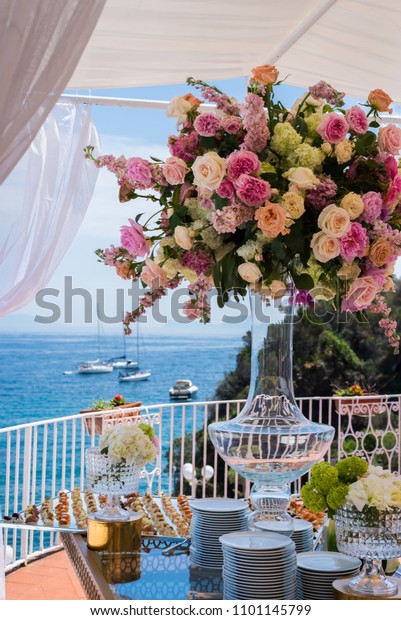 Beautiful Flowers Wedding Table Decorations Ocean Stock Photo