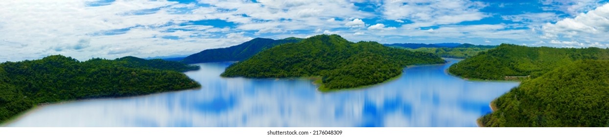 Beautiful Forest Lake Panoramic View Of Beautiful Lake Landscape. Mountain Landscape And Lake. Calm Water And Fresh Air On Nature Green Forest Paradise Earth Eden Of Environment
