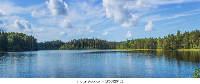 Beautiful forest lake in Russia. Panoramic view of beautiful lake landscape in Pskov region, Russia. - Shutterstock ID 1963820431