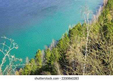 Beautiful Forest River Bank With Emerald Water, Birds Eye View.