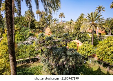 Beautiful Formal Public Garden Inside Alcazar Seville Palace In Summertime In Andalusia