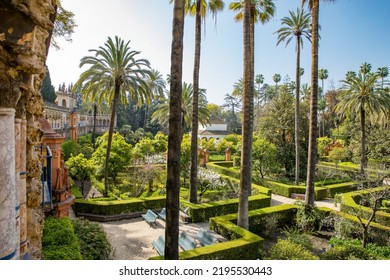 Beautiful Formal Public Garden Inside Alcazar Seville Palace In Summertime In Andalusia