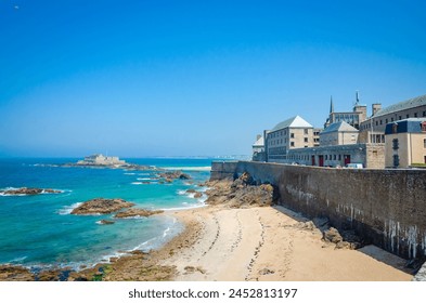 Beautiful Fort National and old walls of town Saint-Malo, Bretagne, France
