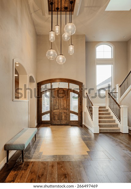 Beautiful Foyer Home Entryway Stairs Pendant Stock Photo