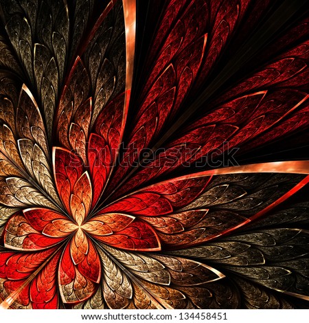 Beautiful fractal flower in yellow and red. Computer generated graphics.