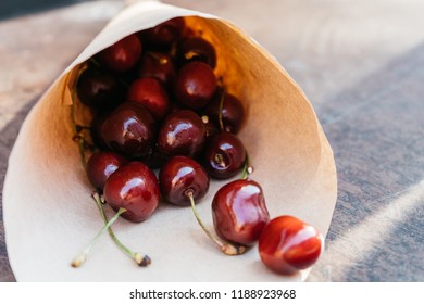 Beautiful fresh cherries in paper bag outdoors in sunny summer light